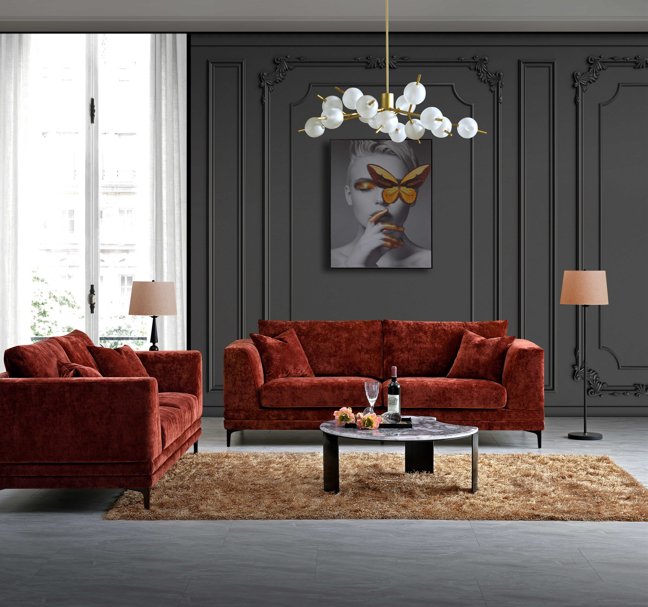 Aluxo Lenox 3 Seater Sofa In Rust Velvet - SantoLusso